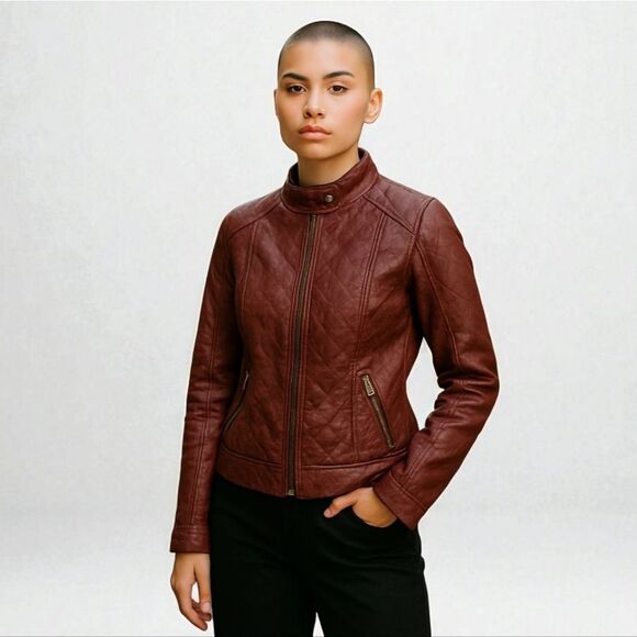 Vintage Guess '90s Burgundy Faux Leather Mandarin Neck Quilted Moto Jacket XL - Picture 1 of 16